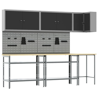 10-Delige Toolopslagtafelset Gelaagd Hout En Metaal 100 cm kast met pegboard Zwart 3x tafel + 4x kast + 4x pegboard