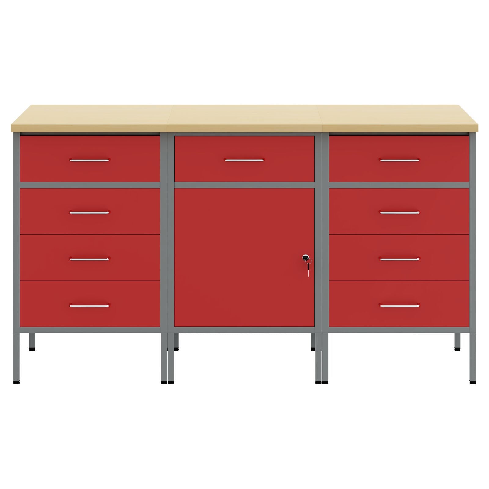 3-Delige Werkcabinet Set En Grijs Van Geëngineerd Hout En Staal 3x (84/85/85 cm) Rood 3x cabinet