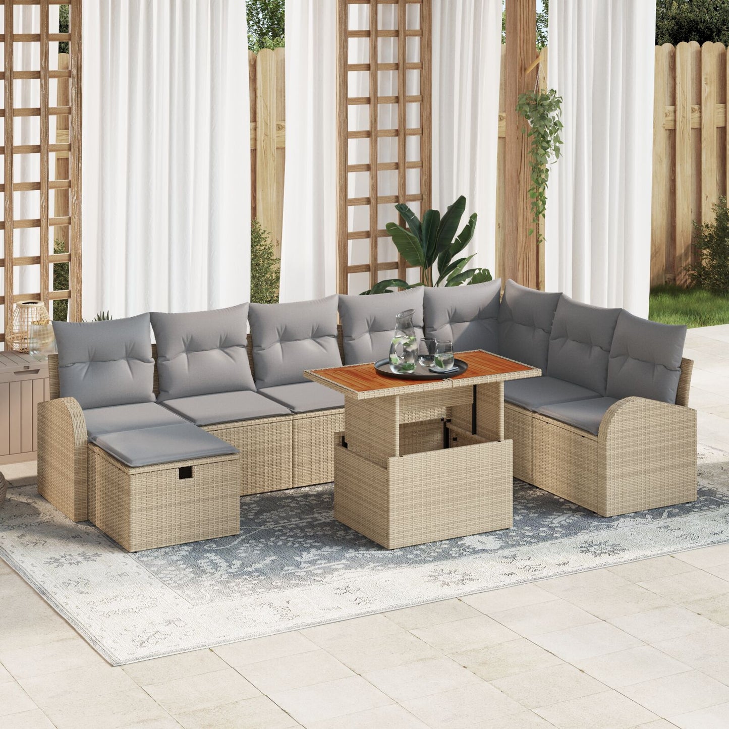 9-Delige Tuinbank Set Met Kussens Beige Poly Riet