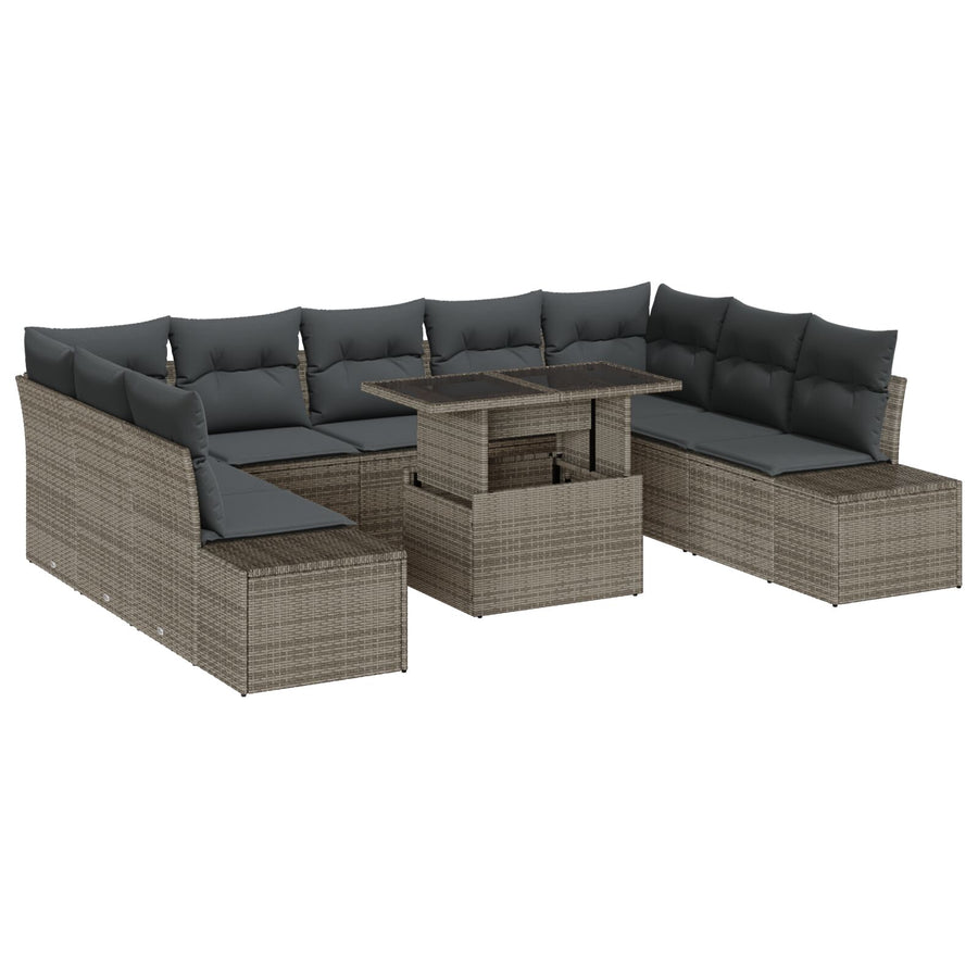 10-Delige Tuin Sofaset Met Kussens Grijs Poly Rattan