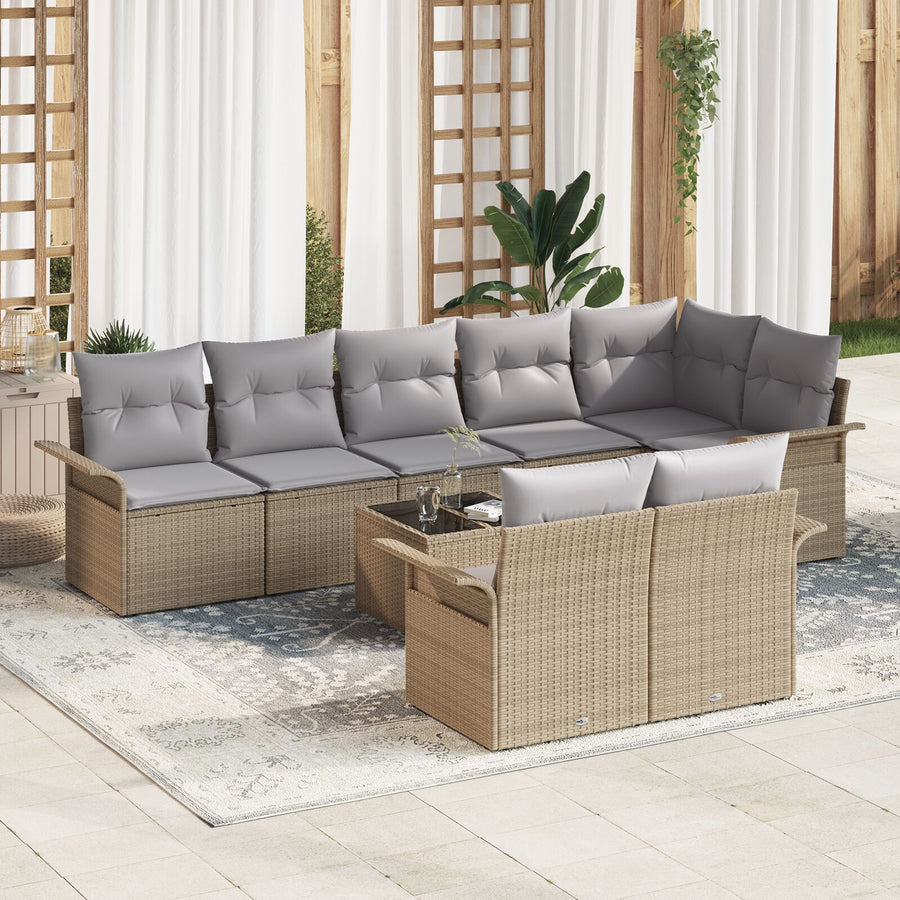 9-Delige Tuinbank Set Met Kussens Zwart Poly Rattan Beige en grijs met tafel