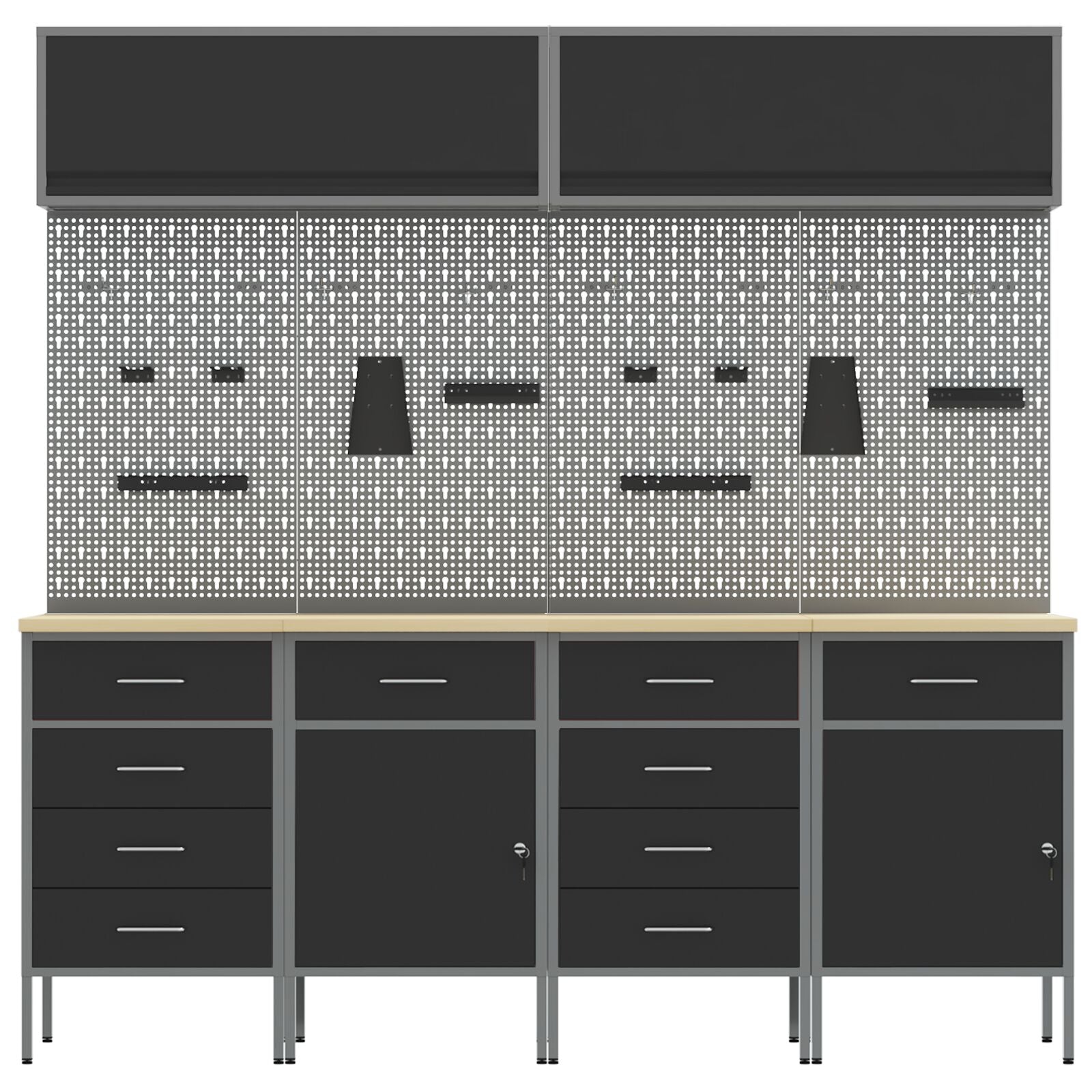 10-Delige Werkcabinet En Pegboard Set Mdf En Metaal 4x (2x84/2x85 cm) Zwart 4x kast + 4x pegboard + 2x kast met deur