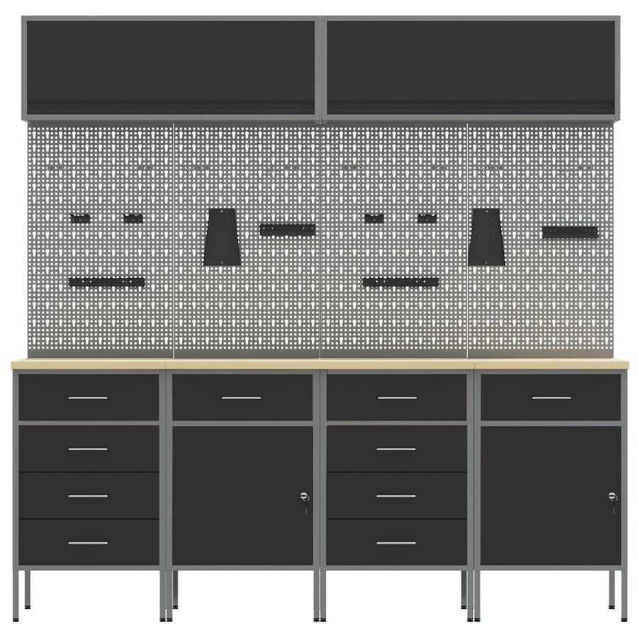 10-Delige Werkcabinet En Pegboard Set Mdf En Metaal 4x (2x84/2x85 cm) Zwart 4x kast + 4x pegboard + 2x kast met deur