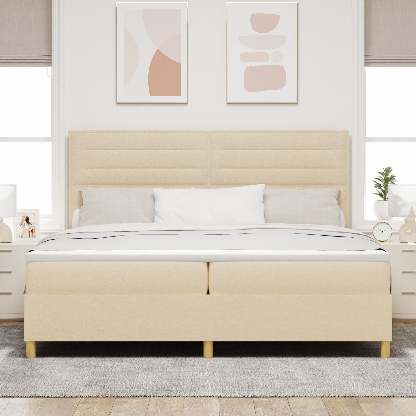Boxspringbed Met Matras Crème 200X200 Cm Stof Blauw