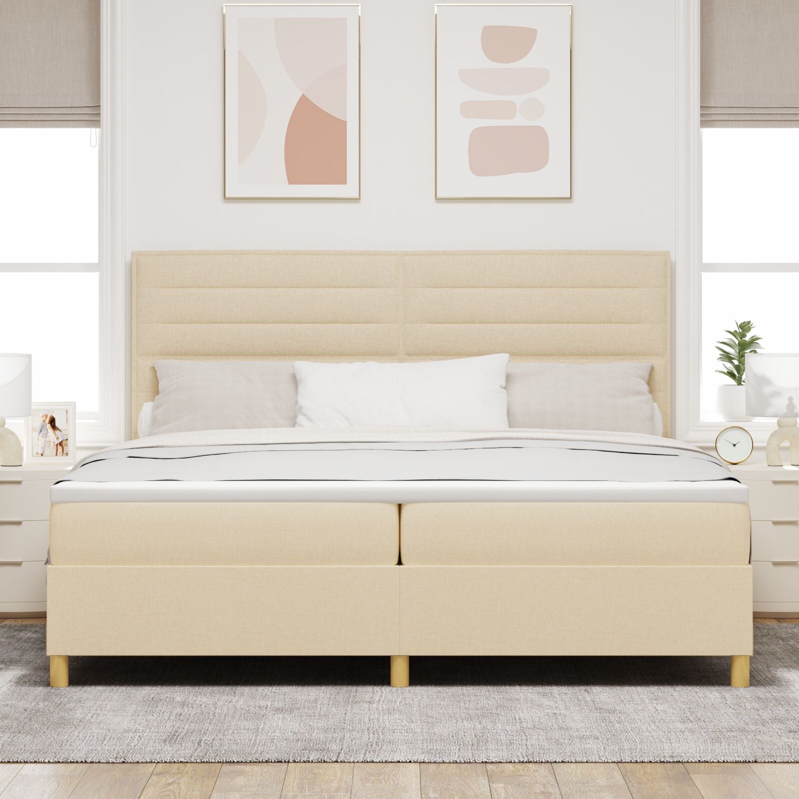 Boxspringbed Met Matras Crème 200X200 Cm Stof Blauw