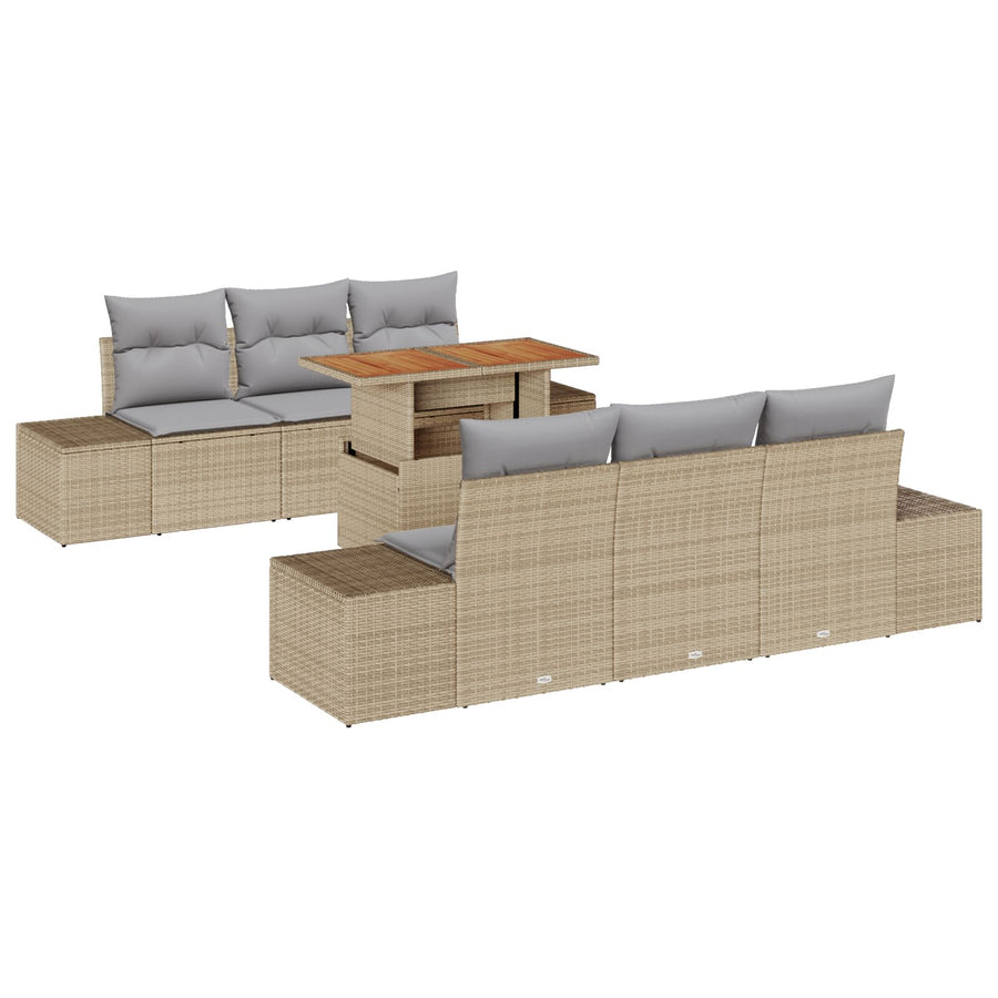 Tuin Sofa Set Set Van 7 Beige Riet Buiten Tafel Rechthoekig