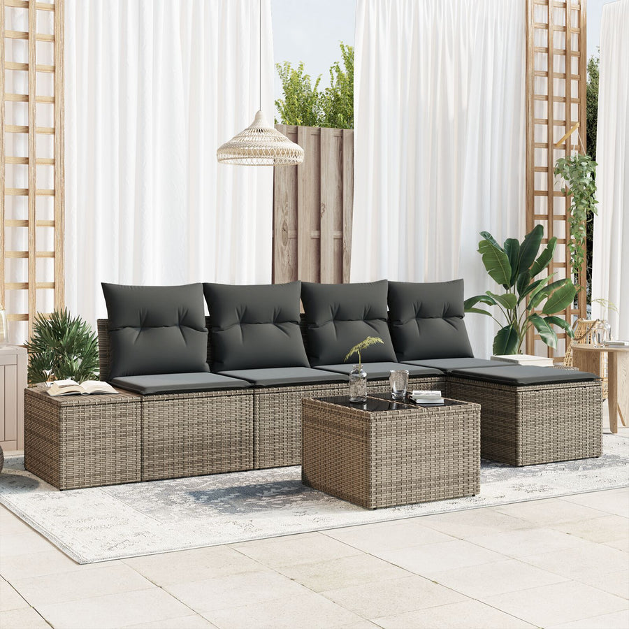 5 Delige Tuin Sofa Set Met Kussens Zwart Poly Rattan Grijs met tafel