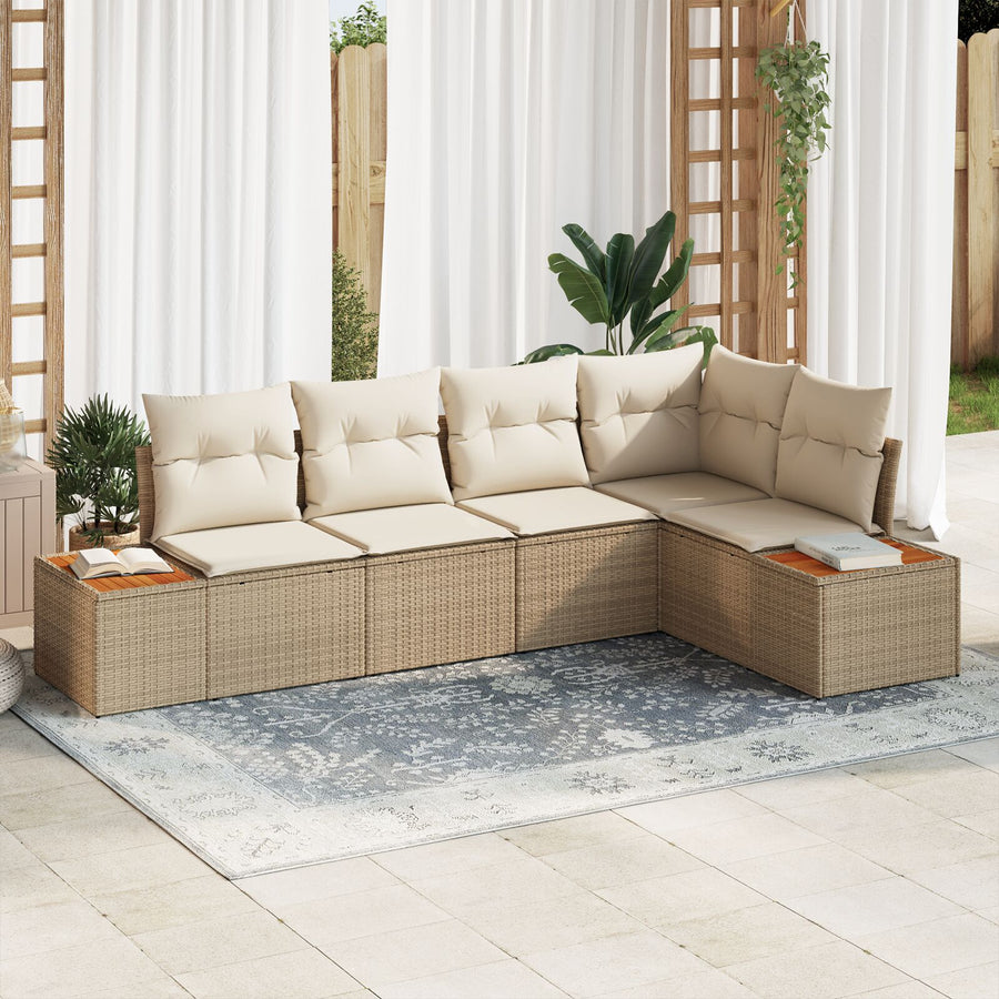 5-Delig Tuinbankstel Met Kussens Beige Poly Rattan Acacia