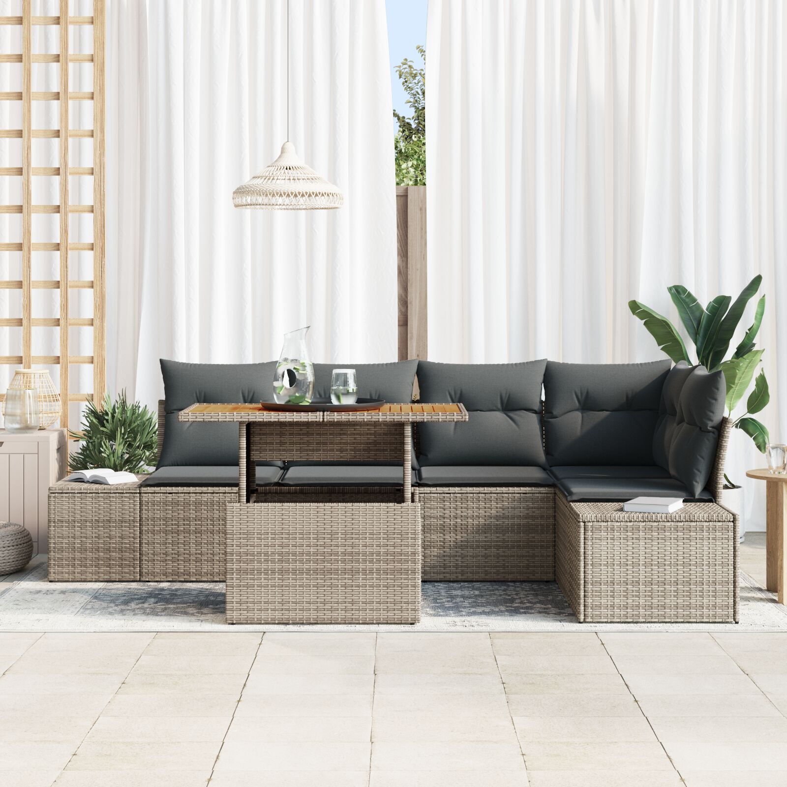 6-Delige Tuinbankset Met Kussens Grijs Poly Rattan