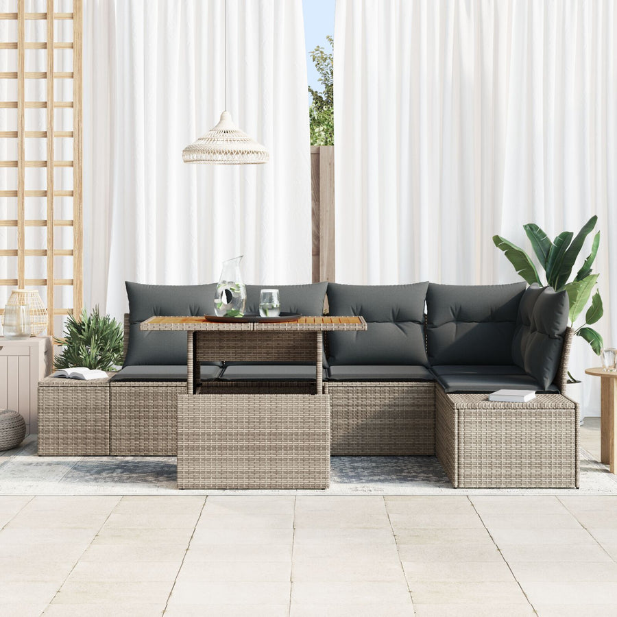 6-Delige Tuinbankset Met Kussens Grijs Poly Rattan