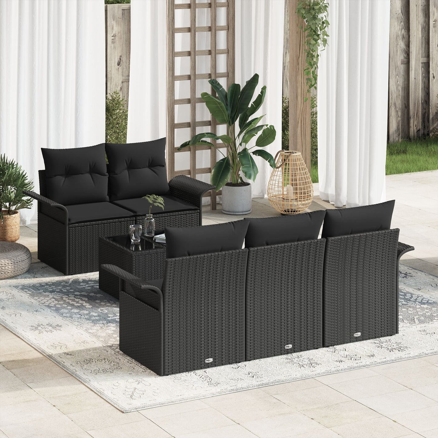6-Delige Tuin Sofaset Met Kussens Zwart Poly Rattan