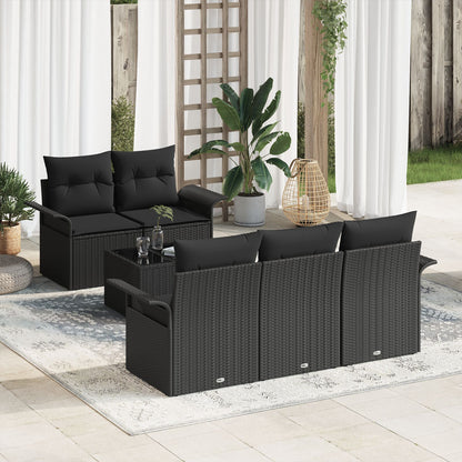6-Delige Tuin Sofaset Met Kussens Zwart Poly Rattan