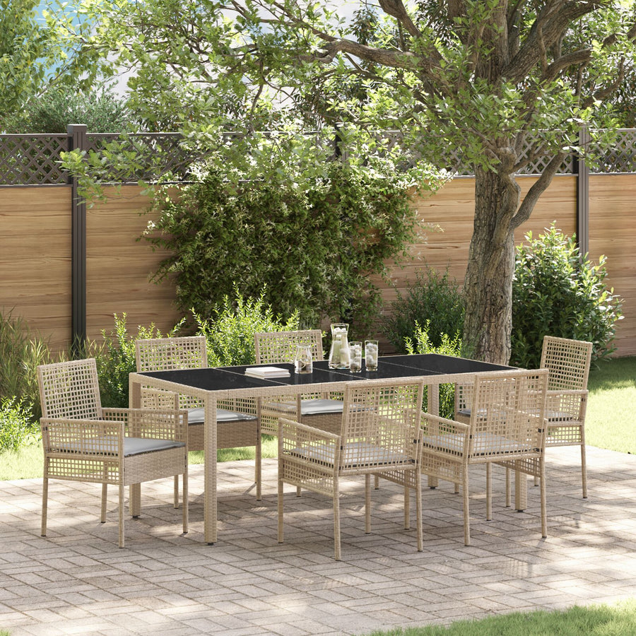 Set Van 4 Beige Poly Rattan, Gehard Glas, Gepoedercoat Staal