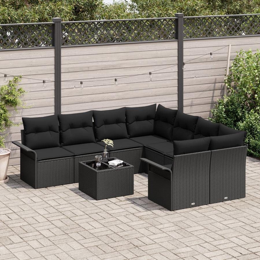 9-Delige Tuin Sofa Set Met Kussens Zwart Poly Rattan
