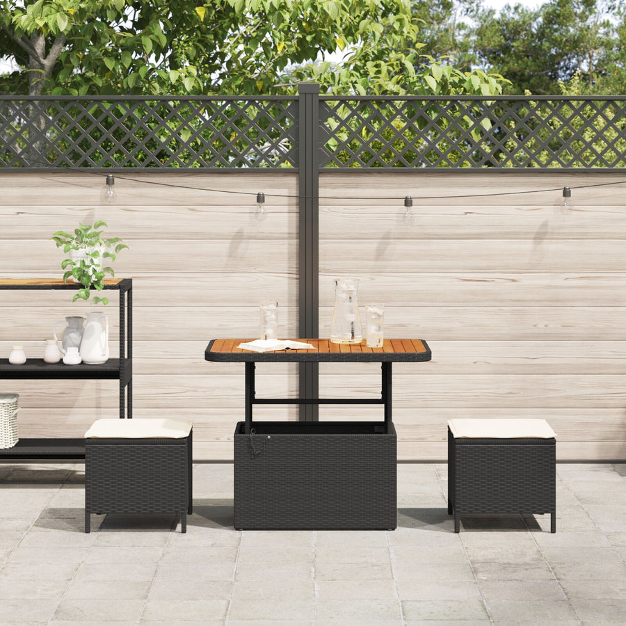 3-Delige Tuin Eetset Met Kussens Poly Rattan Acacia 90 cm Zwart en Crème 2 krukken
