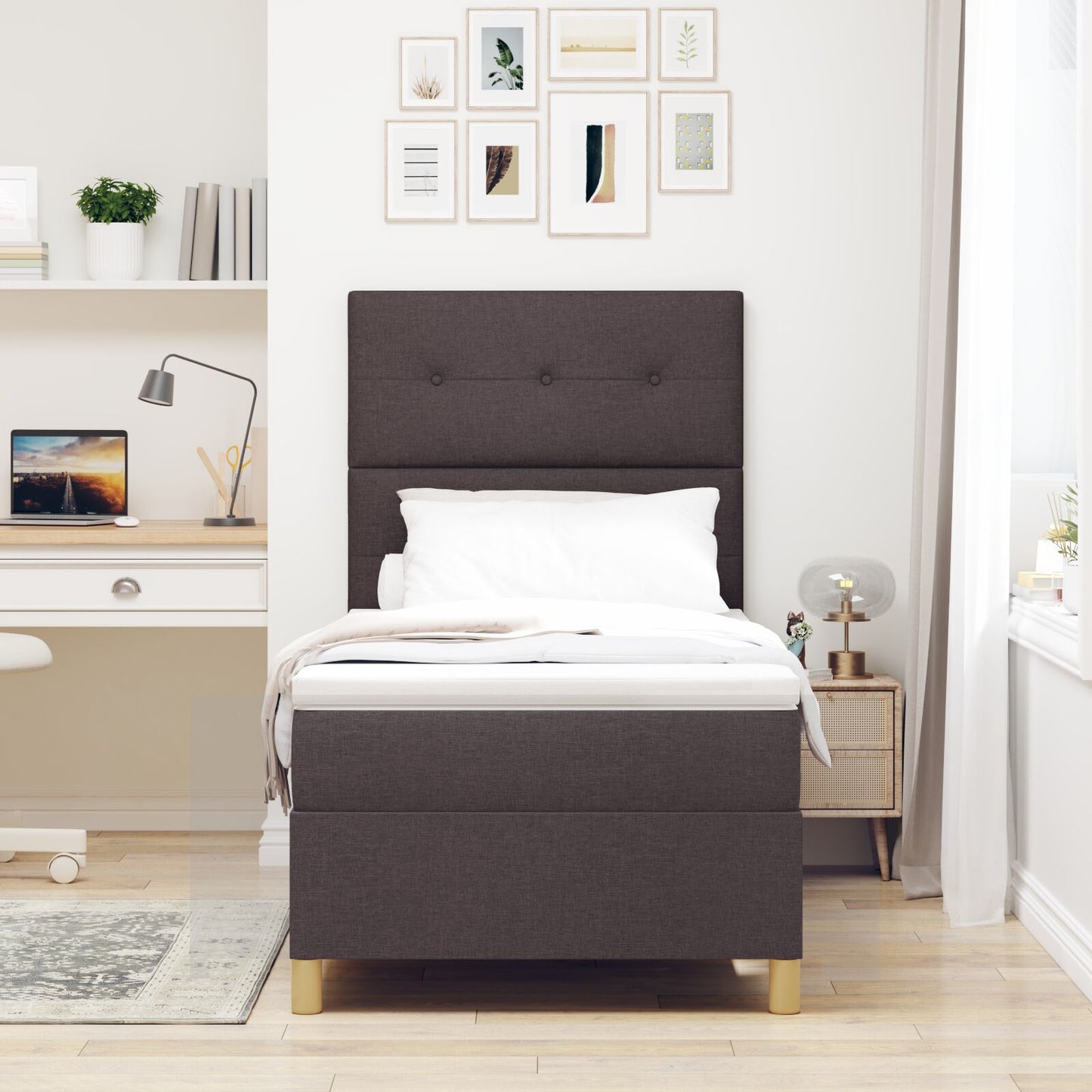 Boxspring Bed Met Matras Donkerbruin 90X200 Cm Stof Blauw