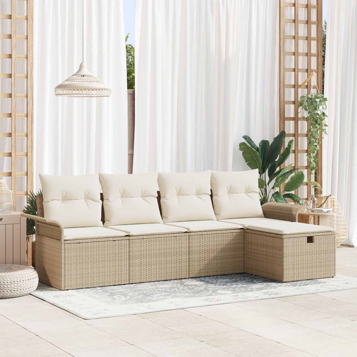 5-Delige Tuinbank Set Met Kussens Beige Poly Rattan