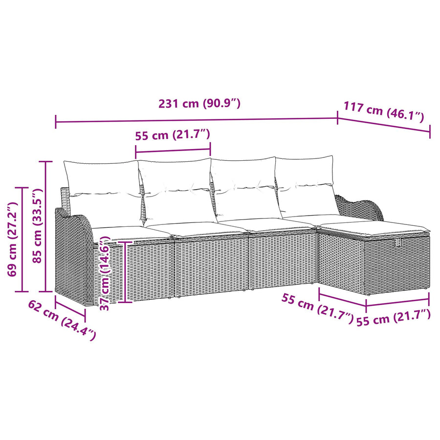 5-Delige Tuinsofa Set Met Kussens, Grijze Poly Rattan, 2-Zits Tuinsofa Met Opslag & Kussens, Grijze Poly Rattan Wit