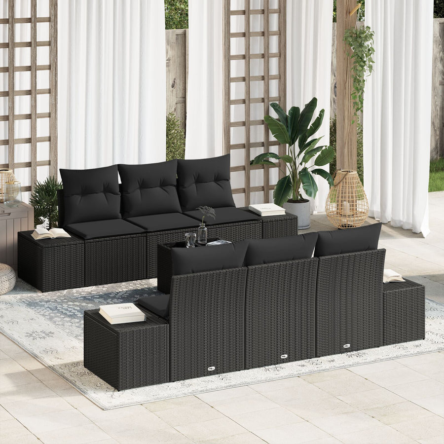 7-Delige Tuin Sofa Set Met Kussens Zwart Poly Rattan