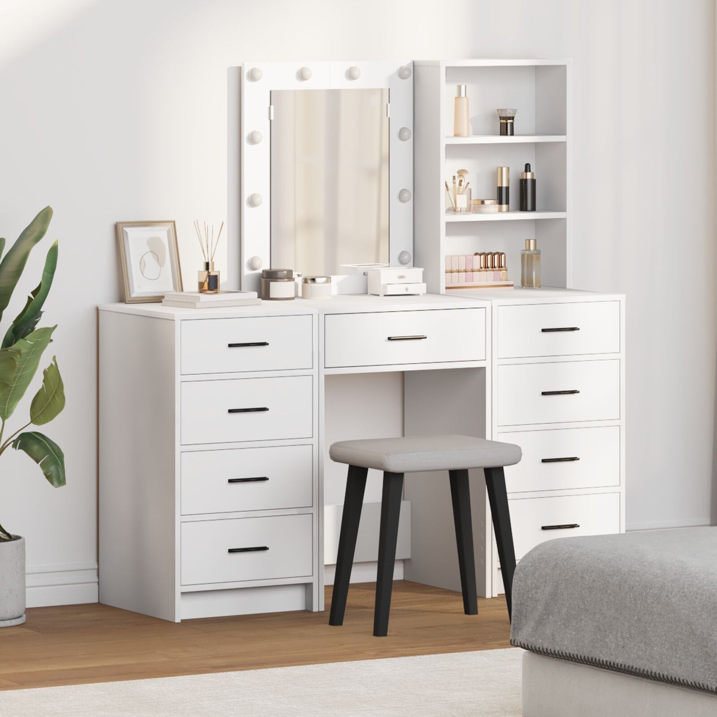 3-Delige Kaptafel Set Met Led Wit Bewerkt Hout