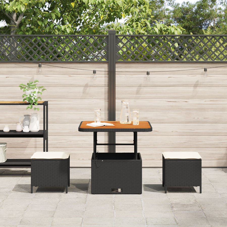 3-Delige Tuin Eetset Met Kussens Poly Rattan Acacia 80 cm Zwart en crème 2 stoelen