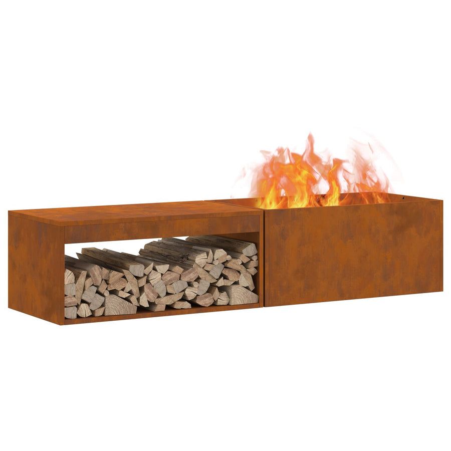 Vuurkorf Met Houtopslag 160X45X35 Cm Verweerd Staal Verweerd Staal/Bruin
