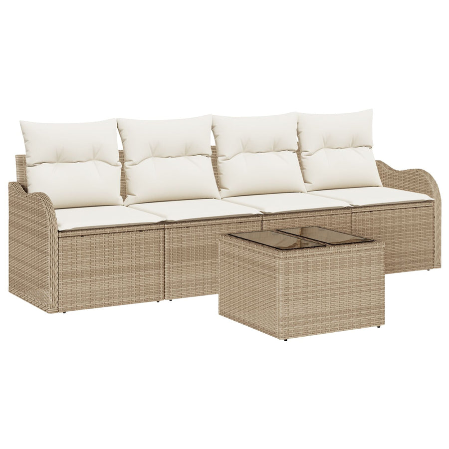 5 Delige Tuin Sofa Set met Kussens Beige Poly Rattan, vidaXL 2-Zits Tuin Sofa met Kussens Beige Poly Rattan