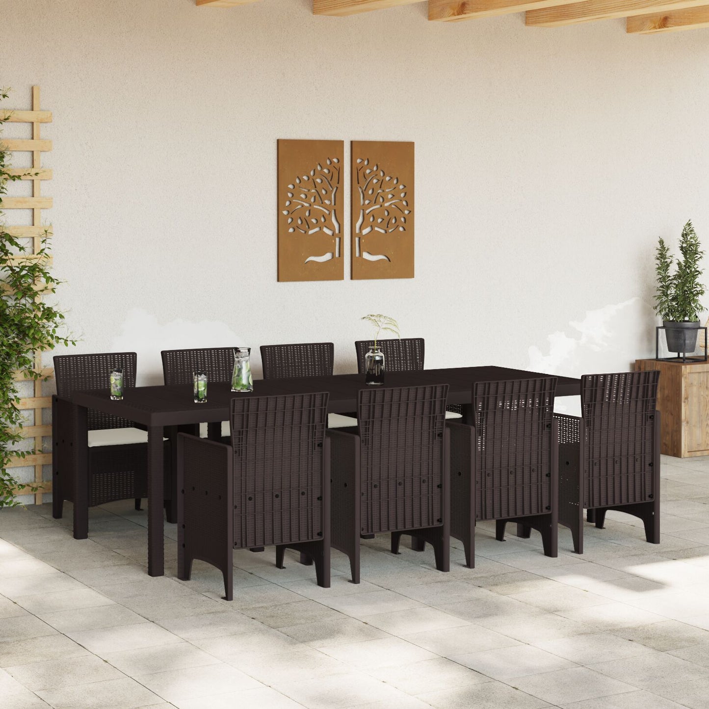 9-Delige Tuin Eettafel Set Met Kussens Bruin Poly Rattan