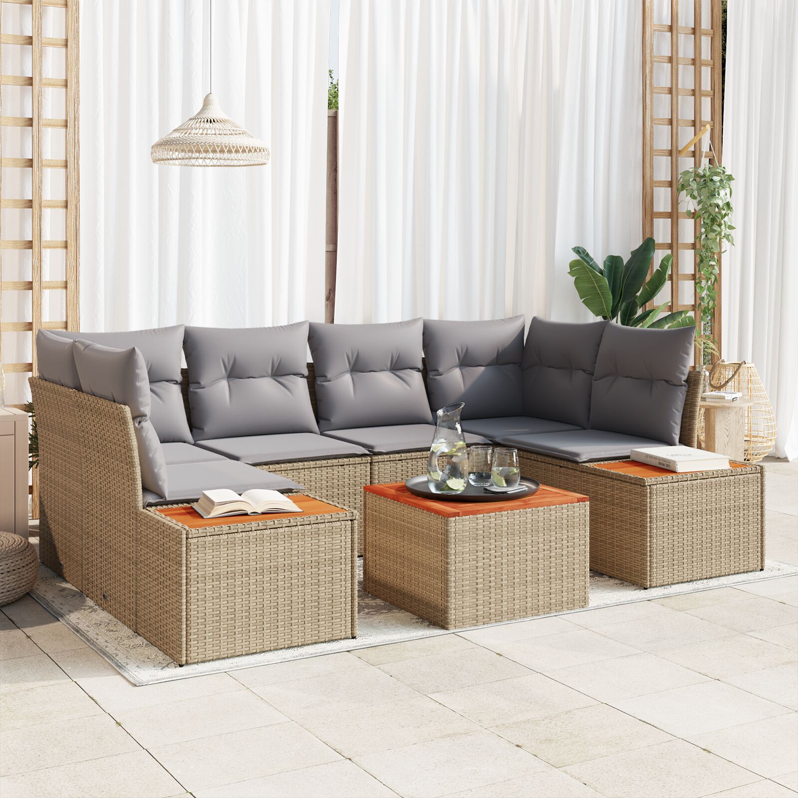 7-Delige Tuin Sofa Set Met Kussens Beige Poly Rattan Acacia