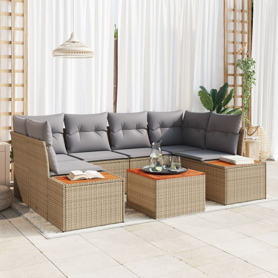7-Delige Tuin Sofa Set Met Kussens Beige Poly Rattan Acacia
