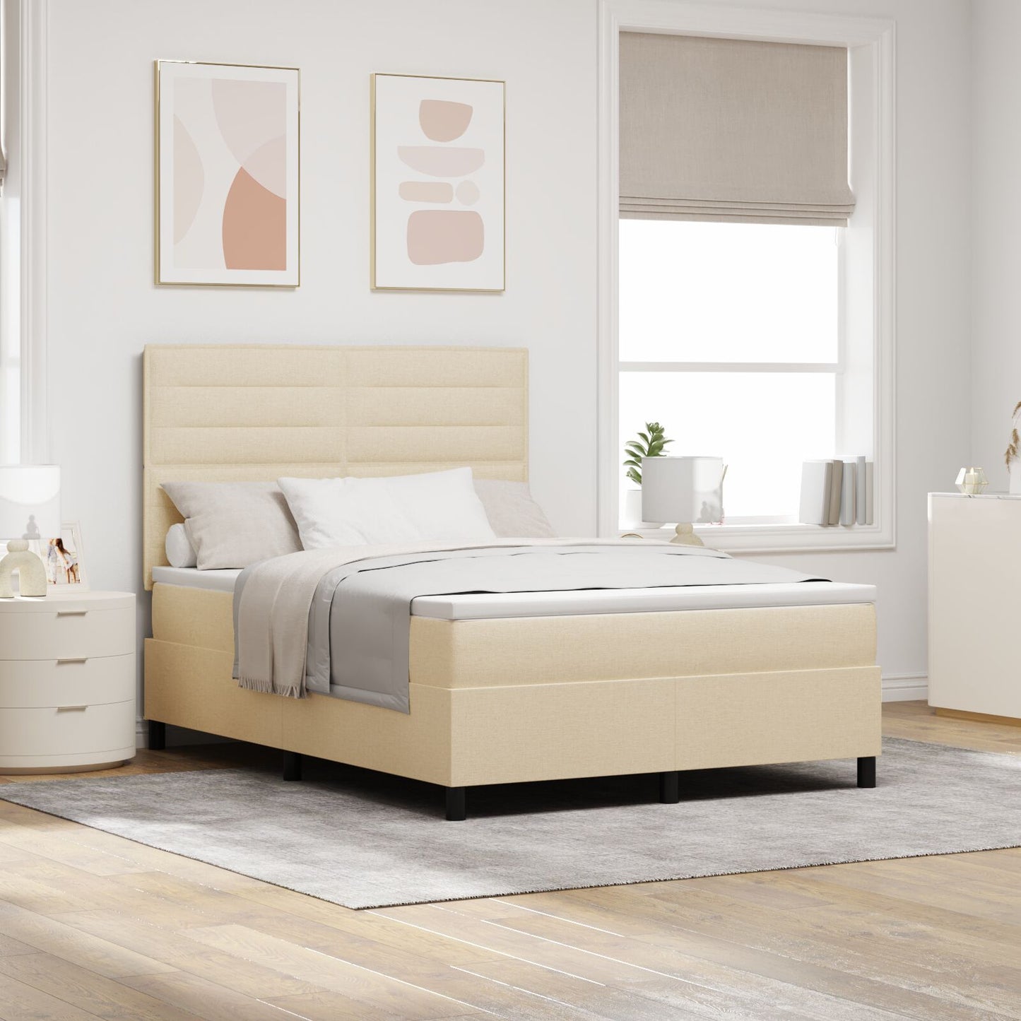 Boxspringbed Met Matras & Led Stof Crème 140 x 190 cm Lijnen ontwerp