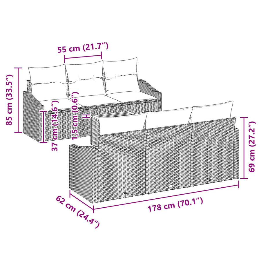 7-Persoons Tuin Sofa Set Met Kussens Zwart Poly Rattan Acacia