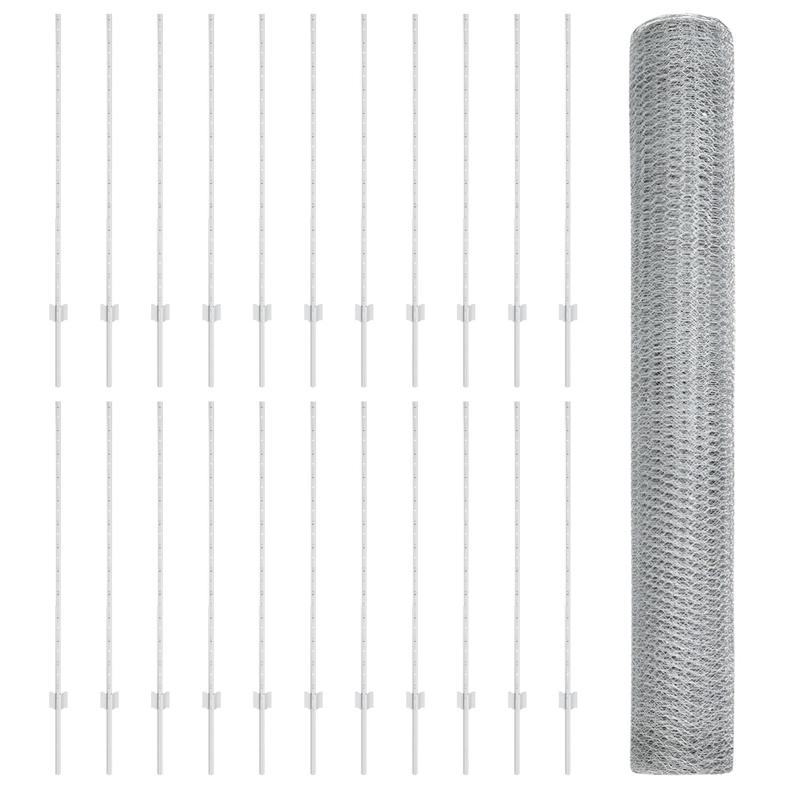 Hekpalen 22 Stuks U-Kanaal 120 Cm Gegalvaniseerd Staal,  Zeskant Hek 1,2X50 M Gegalvaniseerd Staal