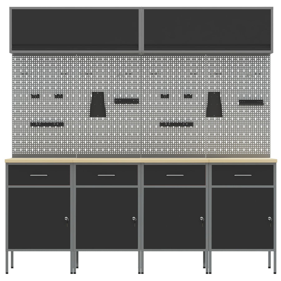 10-Delige Werkcabinet En Pegboard Set Mdf En Metaal 4x (84 cm) Zwart 4x kast + 4x pegboard + 2x kast met deur