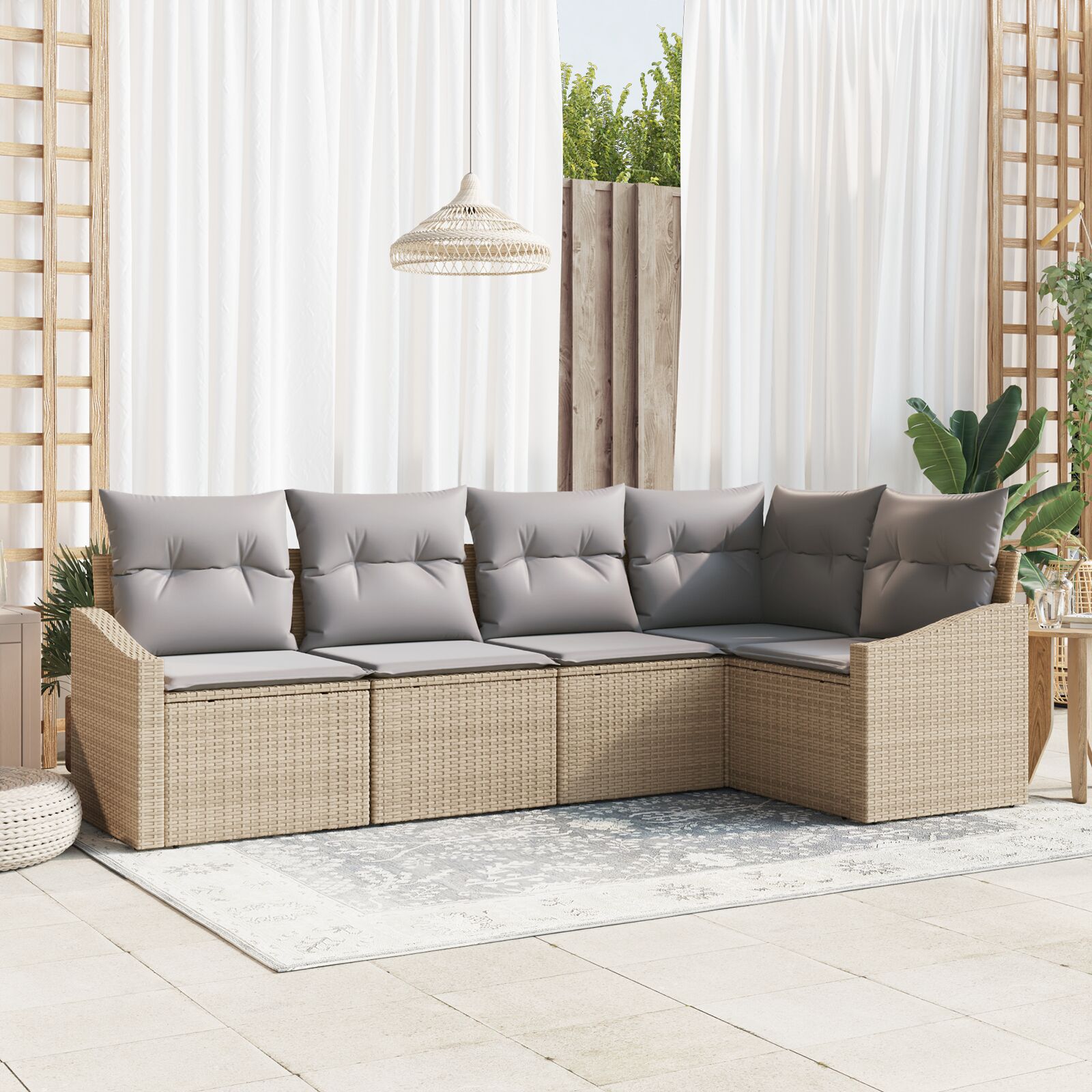 5-Delige Tuinbankset Met Kussens Poly Rattan Beige en grijs zonder tafel