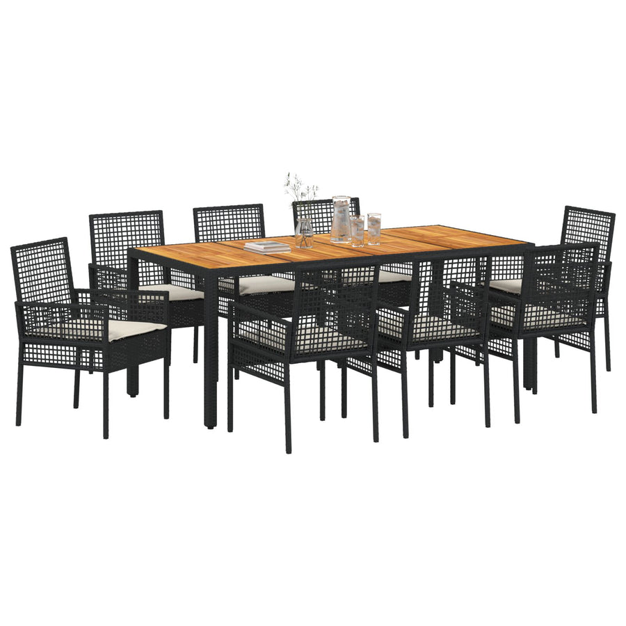 9-Delige Tuin Eetset Met Kussens Zwart Poly Rattan
