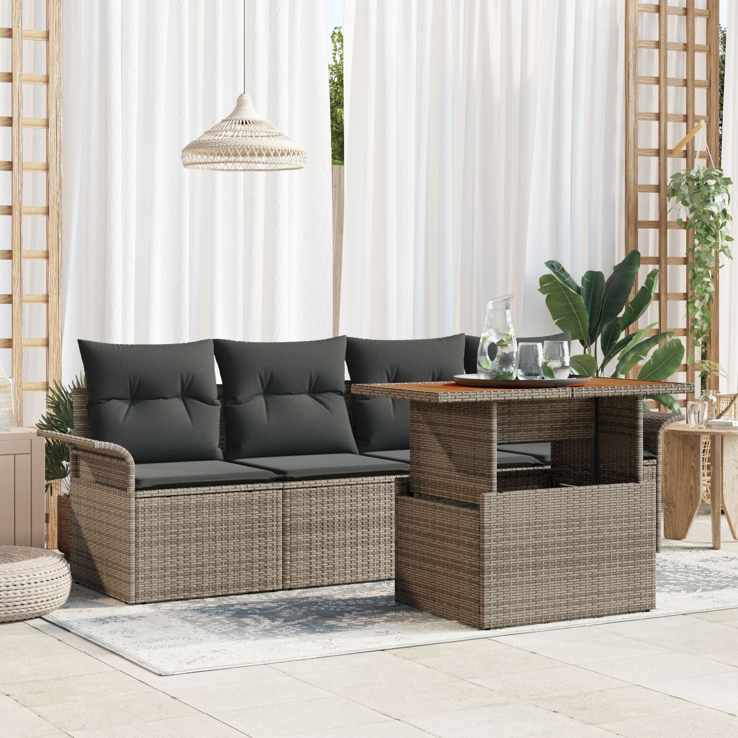 Tuinbank Set 5-Delige Set Grijs Poly Rattan En Staal