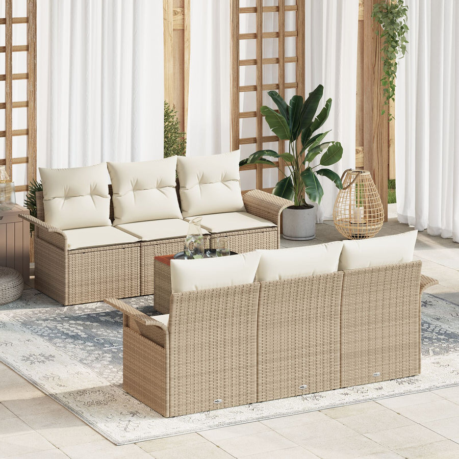 7-Delige Tuinbankset Met Kussens Beige Poly Rattan Acacia