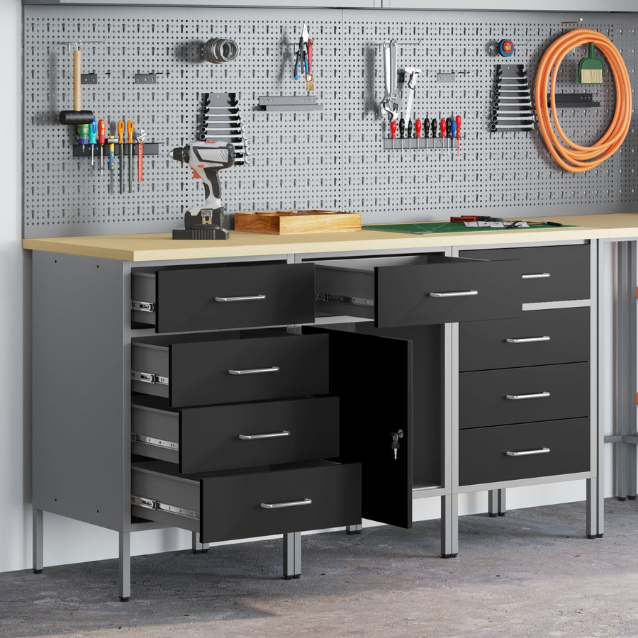 3-Delige Werkcabinet Set Zwart En Grijs Gelaagd Hout En Staal