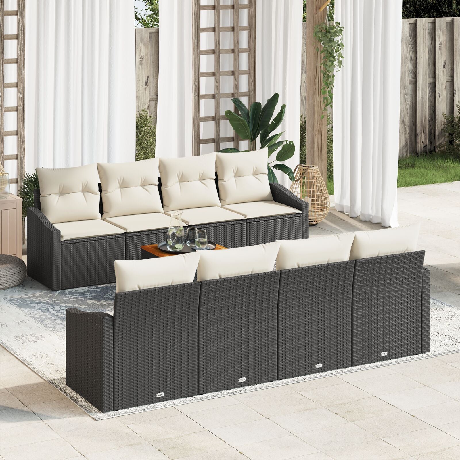 7-Delige Tuin Sofa Set Met Kussens Zwart Poly Rattan Acacia