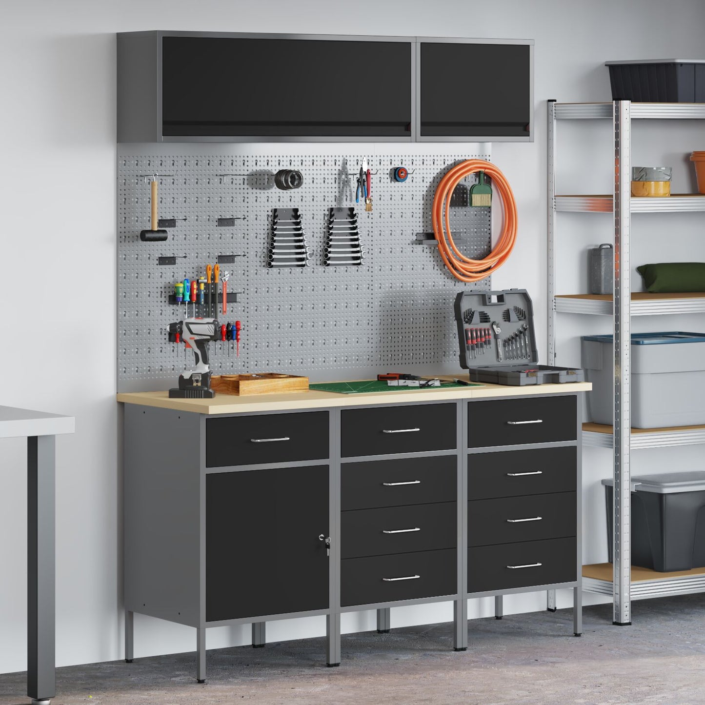 8-Delige Werkbankset Staal 3x (84/85/85 cm) Zwart 3x kast + 3x pegboard + 2x kast met deur