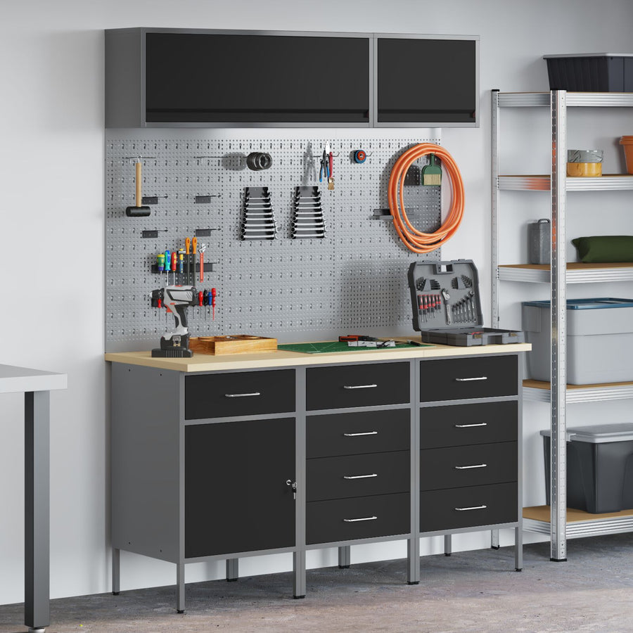 8-Delige Werkbankset Staal 3x (84/85/85 cm) Zwart 3x kast + 3x pegboard + 2x kast met deur