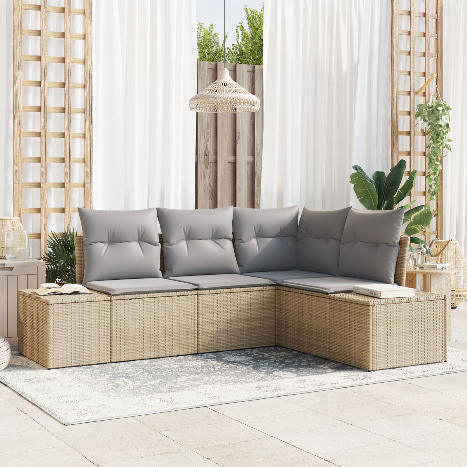 4-Delige Tuinbankset Met Kussens Poly Rattan Beige en grijs zonder tafel