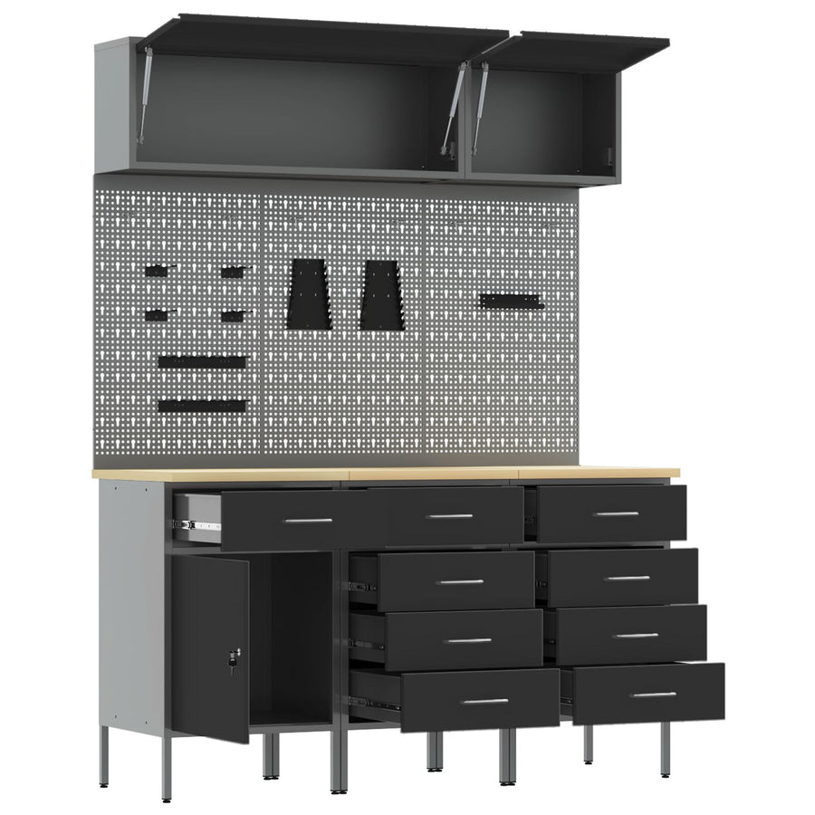 8-Delige Werkbankset Staal 3x (84/85/85 cm) Zwart 3x kast + 3x pegboard + 2x kast met deur