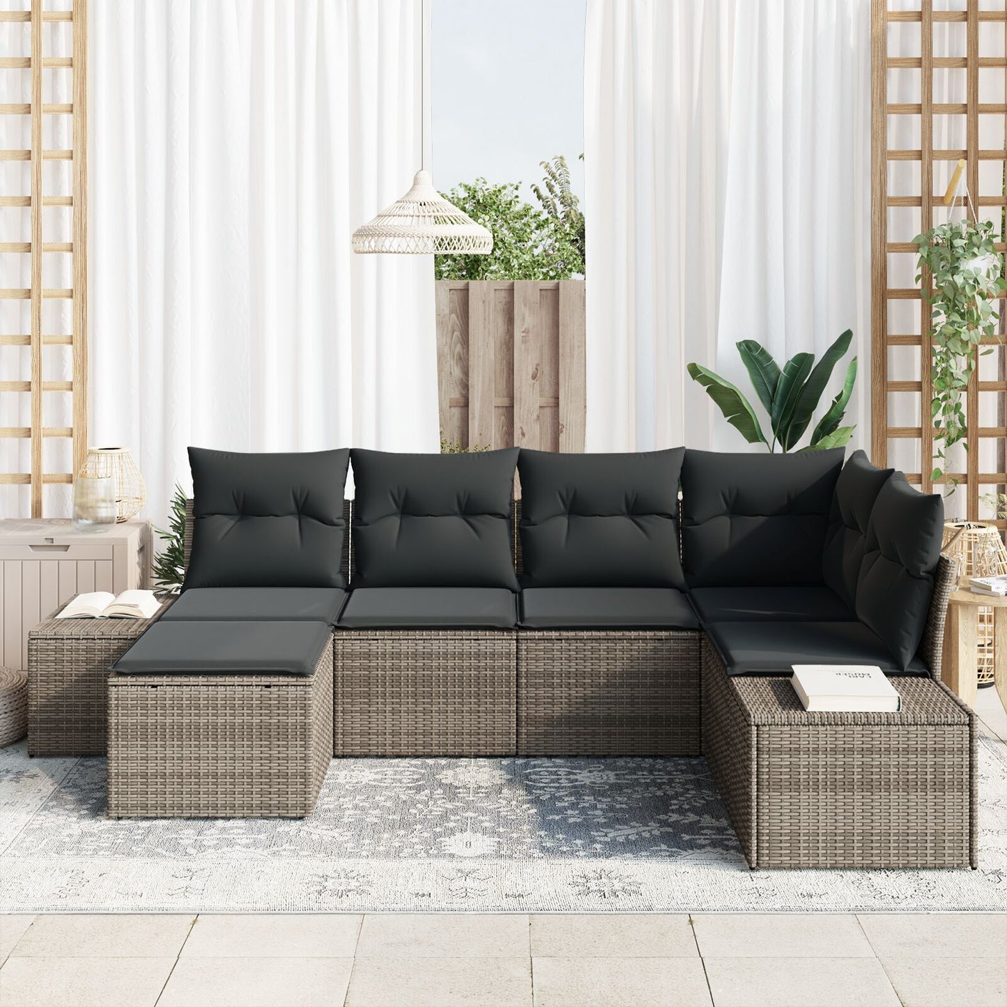 6-Delige Tuincouchset Met Kussens Grijs Poly Rattan