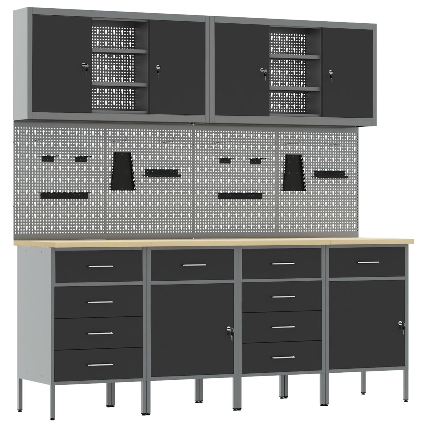 10-Delige Werkcabinet En Pegboard Set Mdf En Metaal 4x (2x84/2x85 cm) Zwart 6x kast + 6x pegboard