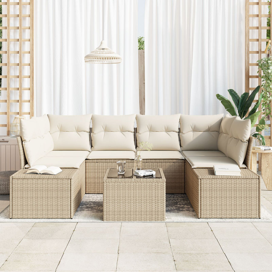 7-Delig Tuinbankstel Met Kussens Beige Poly Rattan