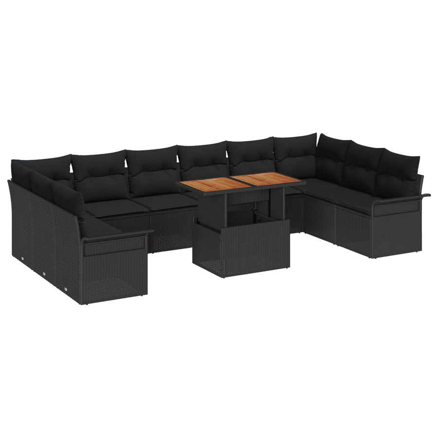 11-Delige Tuin Eettafel Set Met Kussens Zwart Poly Rattan Acacia