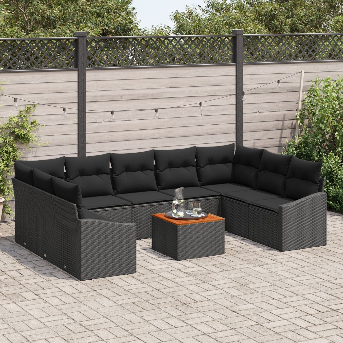 10-Delige Tuin Sofa Set Met Kussens Zwart Poly Rattan Acacia