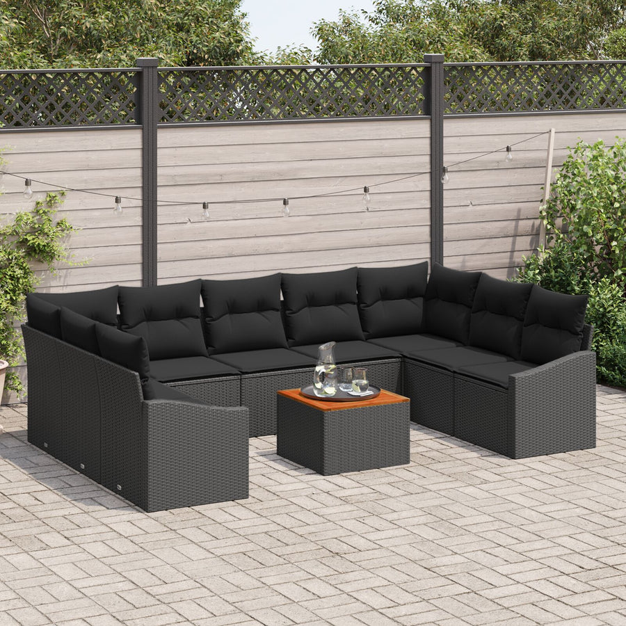 10-Delige Tuin Sofa Set Met Kussens Zwart Poly Rattan Acacia